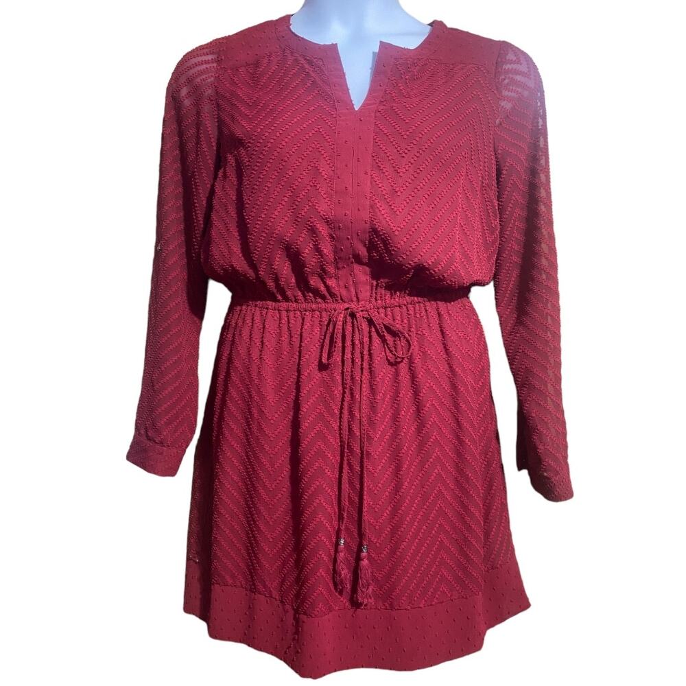 Daniel Rainn deep red textured knee length long sleeve dress - women's‎ Small